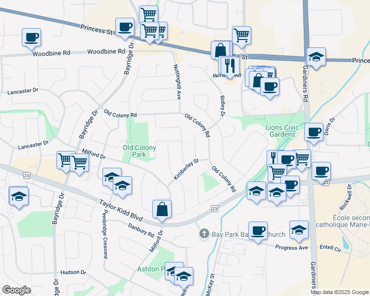 map of restaurants, bars, coffee shops, grocery stores, and more near 852 Purcell Crescent in Kingston