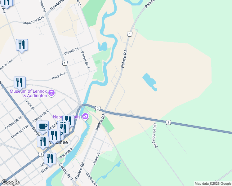 map of restaurants, bars, coffee shops, grocery stores, and more near 366 Palace Road in Napanee