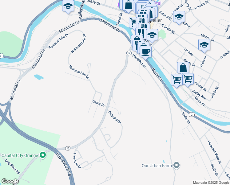 map of restaurants, bars, coffee shops, grocery stores, and more near 92 Northfield Street in Montpelier