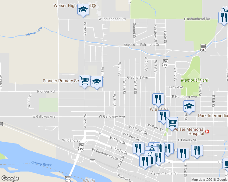 map of restaurants, bars, coffee shops, grocery stores, and more near 502 Pioneer Road in Weiser
