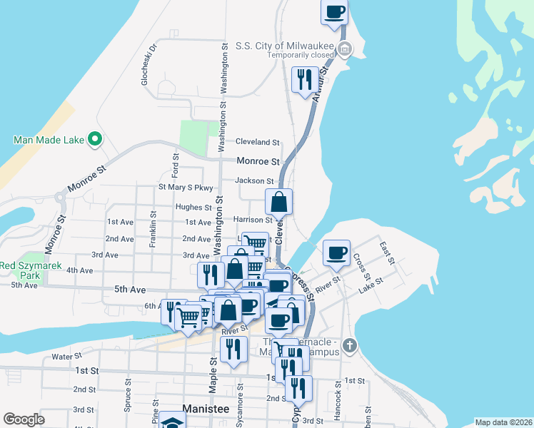 map of restaurants, bars, coffee shops, grocery stores, and more near 156 Harrison Street in Manistee