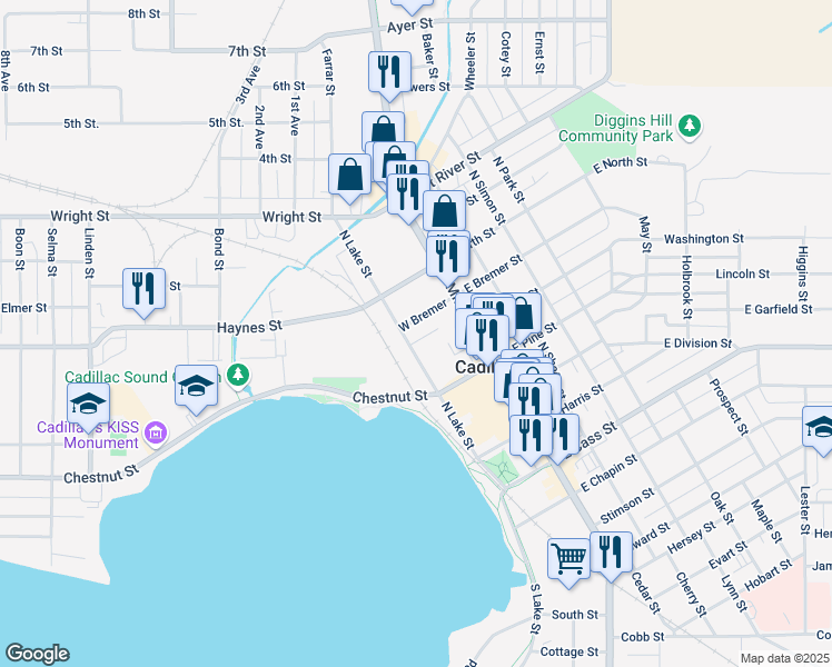 map of restaurants, bars, coffee shops, grocery stores, and more near 115-199 W Bremer in Cadillac