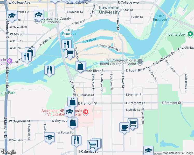 map of restaurants, bars, coffee shops, grocery stores, and more near 314 East Lincoln Street in Appleton