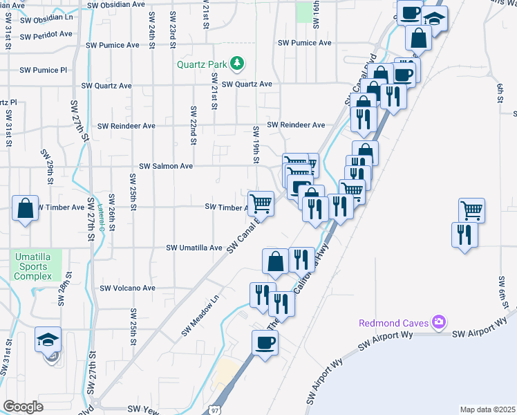 map of restaurants, bars, coffee shops, grocery stores, and more near 1947 Southwest Timber Avenue in Redmond