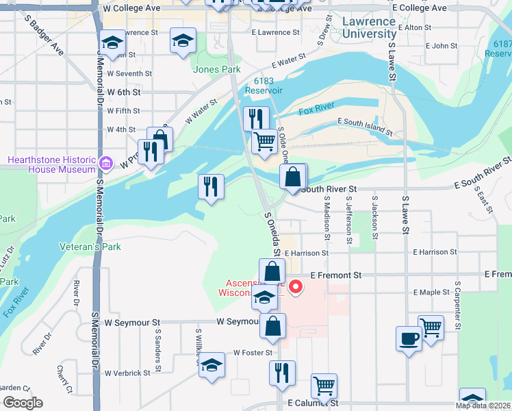 map of restaurants, bars, coffee shops, grocery stores, and more near 2B South Oneida Street in Appleton