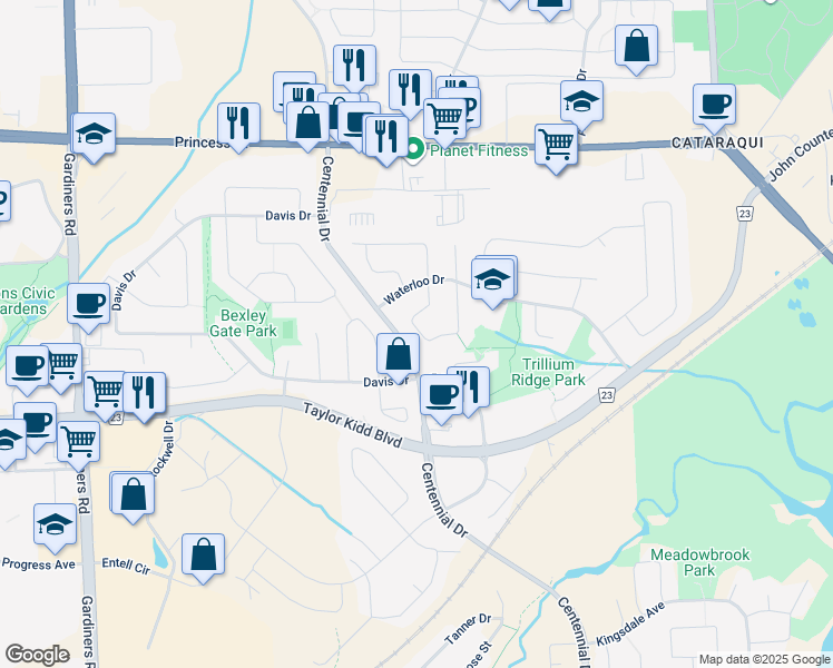 map of restaurants, bars, coffee shops, grocery stores, and more near 940 Warburton Crescent in Kingston