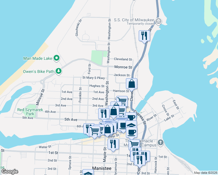 map of restaurants, bars, coffee shops, grocery stores, and more near 179 Washington Street in Manistee