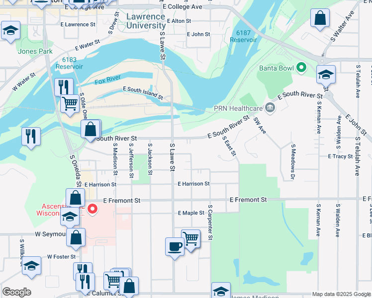 map of restaurants, bars, coffee shops, grocery stores, and more near 624 East Lincoln Street in Appleton