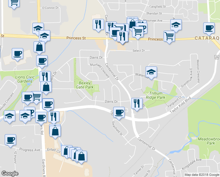 map of restaurants, bars, coffee shops, grocery stores, and more near 852 Littlestone Crescent in Kingston