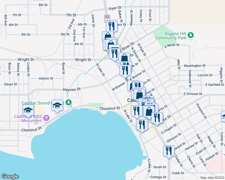 map of restaurants, bars, coffee shops, grocery stores, and more near 199 West Bremer in Cadillac