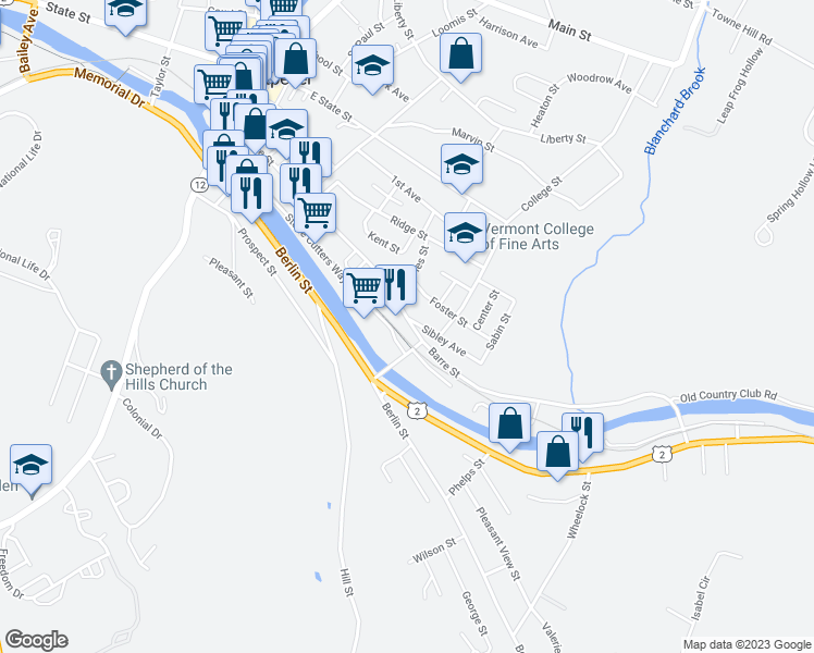 map of restaurants, bars, coffee shops, grocery stores, and more near 215 Barre Street in Montpelier