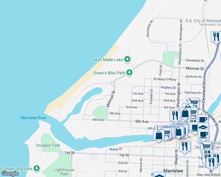 map of restaurants, bars, coffee shops, grocery stores, and more near 71 Brookharbor South in Manistee
