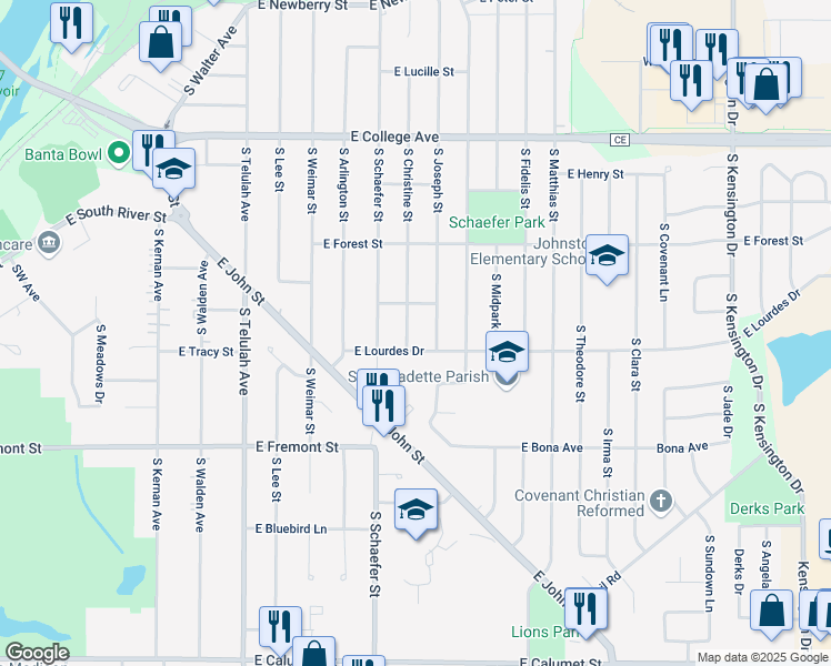 map of restaurants, bars, coffee shops, grocery stores, and more near 1018 South Christine Street in Appleton