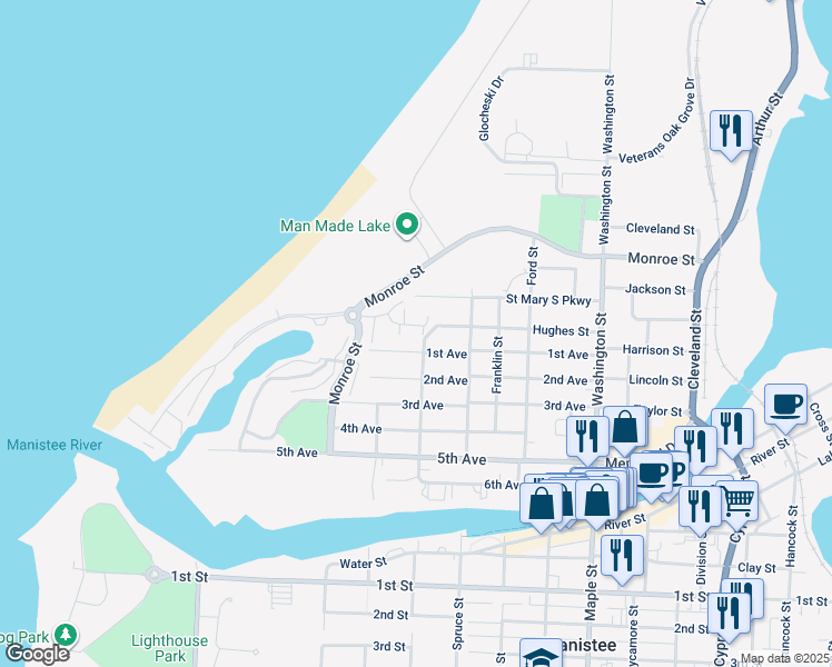 map of restaurants, bars, coffee shops, grocery stores, and more near 17 Cottage Lane in Manistee