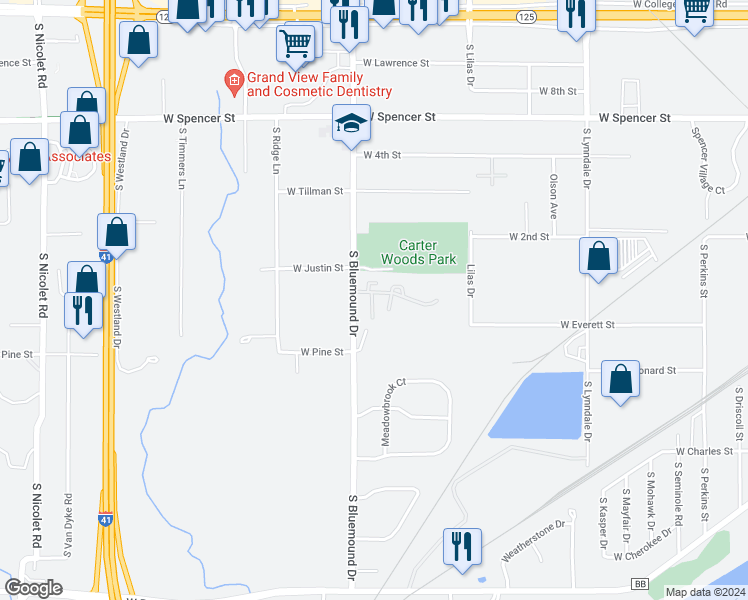 map of restaurants, bars, coffee shops, grocery stores, and more near 3184 Justin Court in Appleton