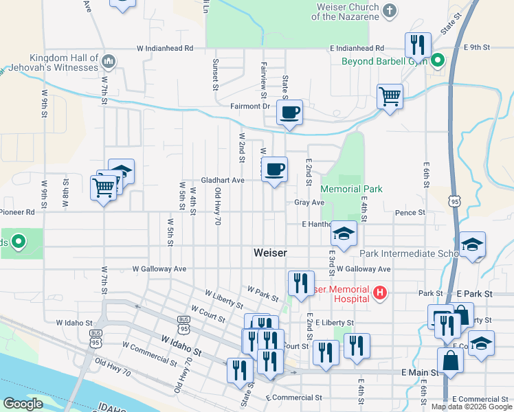 map of restaurants, bars, coffee shops, grocery stores, and more near 116 Pioneer Road in Weiser