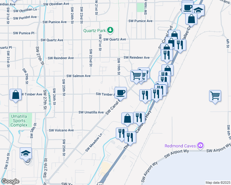 map of restaurants, bars, coffee shops, grocery stores, and more near 1947 Southwest Timber Avenue in Redmond