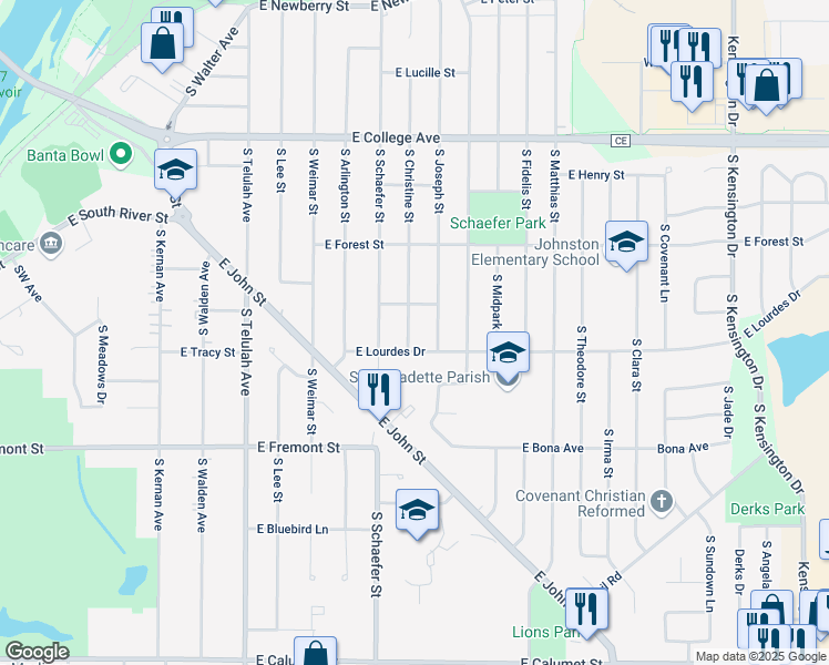 map of restaurants, bars, coffee shops, grocery stores, and more near 1018 South Christine Street in Appleton