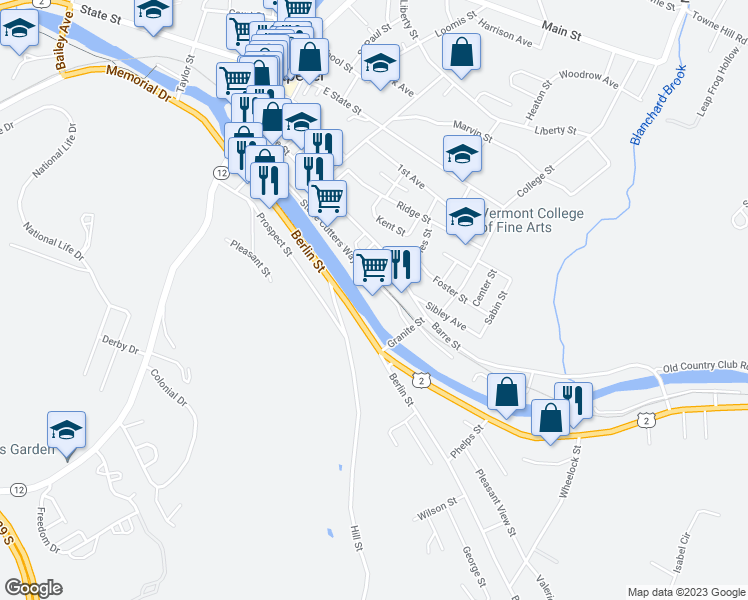 map of restaurants, bars, coffee shops, grocery stores, and more near 623 Stone Cutters Way in Montpelier