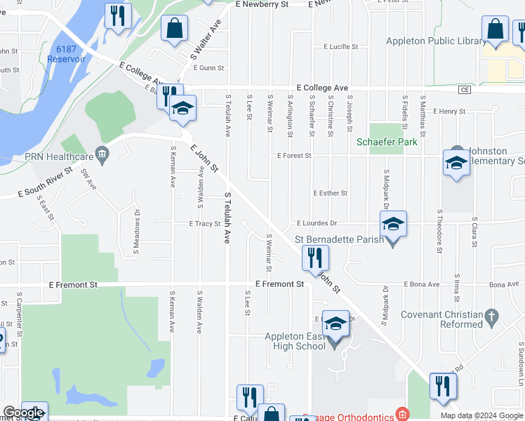 map of restaurants, bars, coffee shops, grocery stores, and more near 1718 East John Street in Appleton