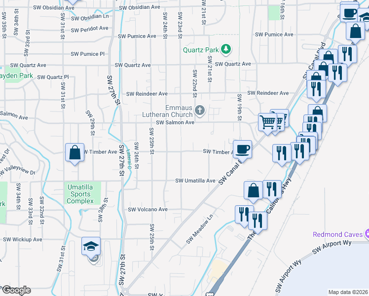 map of restaurants, bars, coffee shops, grocery stores, and more near 2261 Southwest Timber Avenue in Redmond
