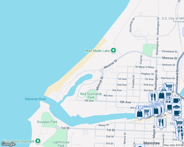 map of restaurants, bars, coffee shops, grocery stores, and more near 112 Marina Drive in Manistee