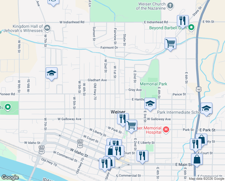 map of restaurants, bars, coffee shops, grocery stores, and more near 116 Pioneer Road in Weiser