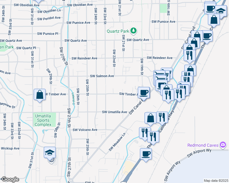 map of restaurants, bars, coffee shops, grocery stores, and more near 2488 Southwest Timber View Court in Redmond
