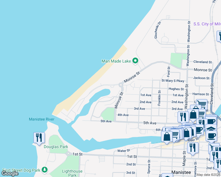 map of restaurants, bars, coffee shops, grocery stores, and more near 112 Marina Drive in Manistee
