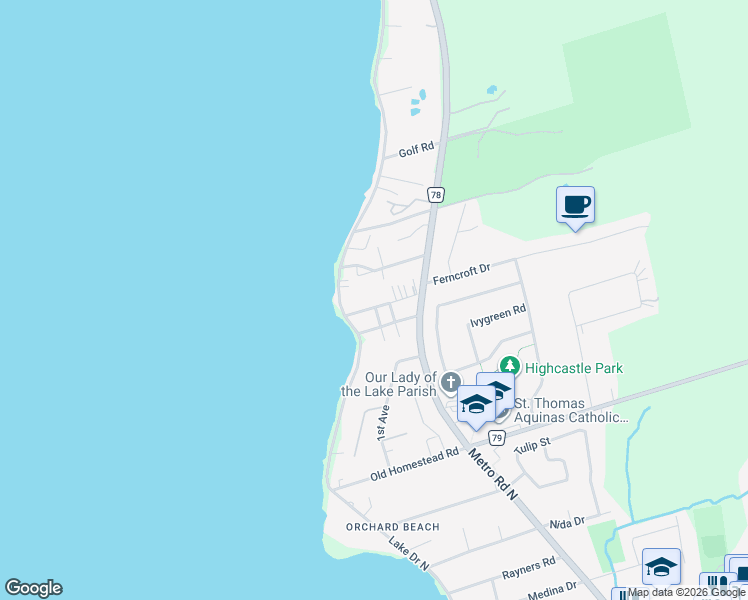 map of restaurants, bars, coffee shops, grocery stores, and more near 294 Hillcrest Road in Georgina