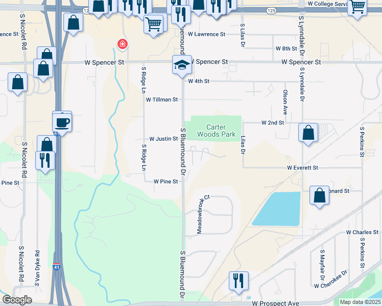 map of restaurants, bars, coffee shops, grocery stores, and more near 3184 Justin Court in Appleton