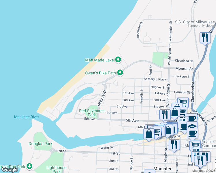 map of restaurants, bars, coffee shops, grocery stores, and more near 4 Cottage Lane in Manistee