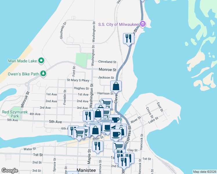 map of restaurants, bars, coffee shops, grocery stores, and more near 163 Van Buren Street in Manistee