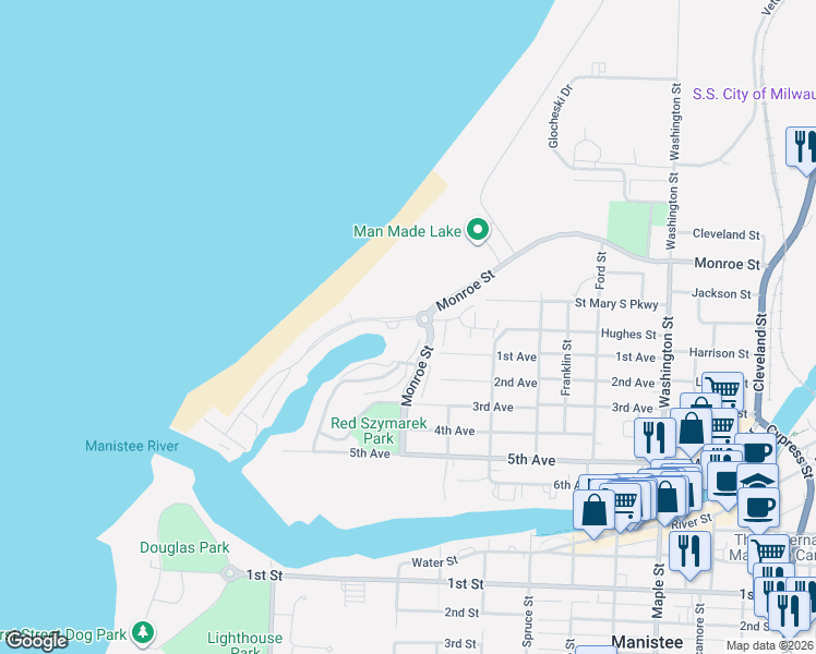 map of restaurants, bars, coffee shops, grocery stores, and more near 112 Marina Drive in Manistee