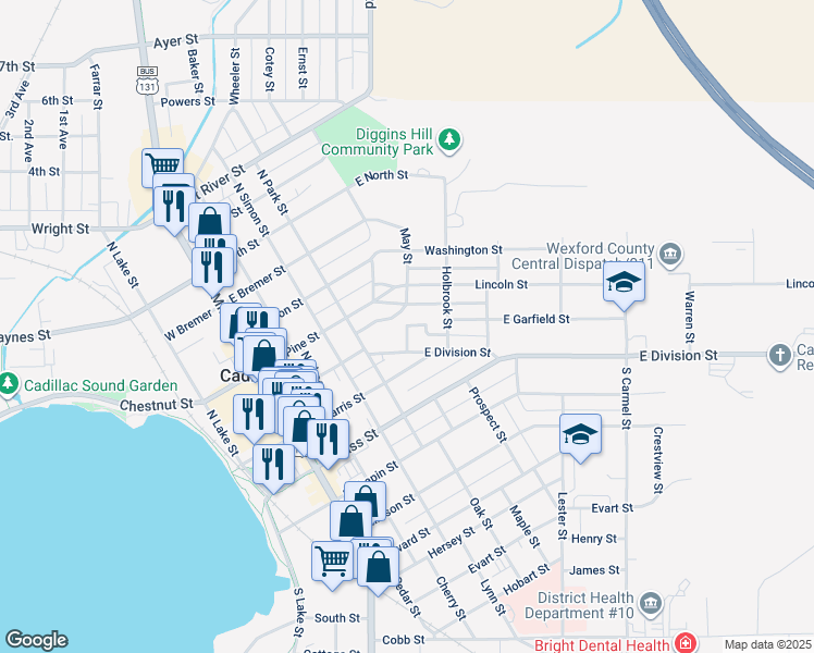 map of restaurants, bars, coffee shops, grocery stores, and more near 198 May Street in Cadillac