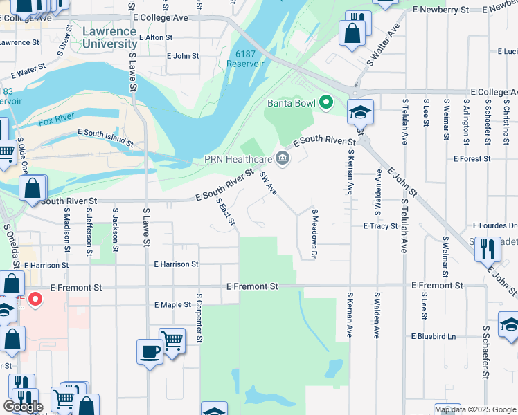 map of restaurants, bars, coffee shops, grocery stores, and more near 1021 South West Court in Appleton