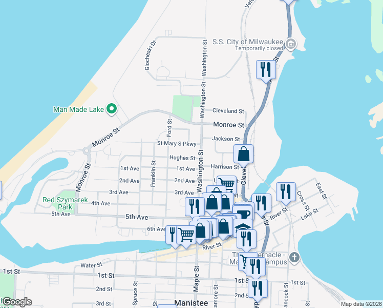 map of restaurants, bars, coffee shops, grocery stores, and more near 179 Washington Street in Manistee