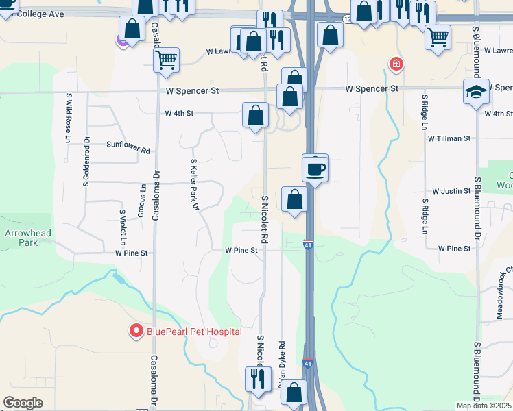 map of restaurants, bars, coffee shops, grocery stores, and more near 1005 South Nicolet Road in Appleton