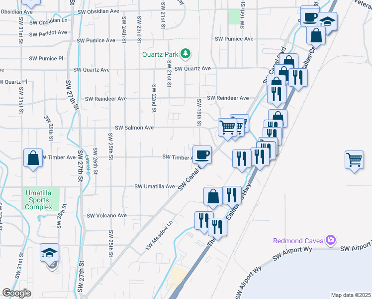 map of restaurants, bars, coffee shops, grocery stores, and more near 1947 Southwest Timber Avenue in Redmond