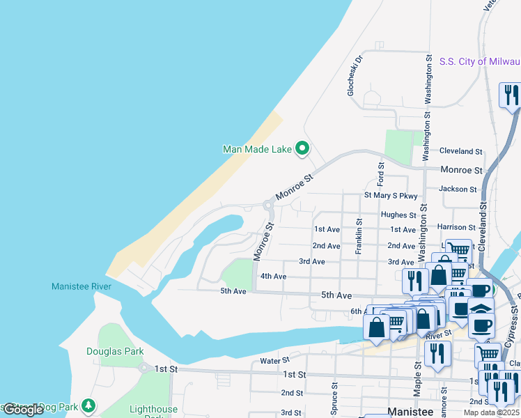 map of restaurants, bars, coffee shops, grocery stores, and more near 112 Marina Drive in Manistee