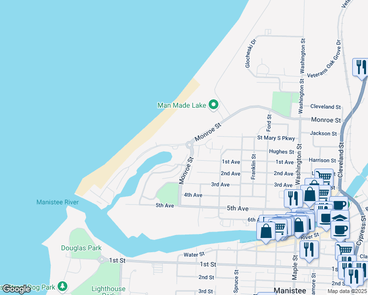 map of restaurants, bars, coffee shops, grocery stores, and more near 112 Marina Drive in Manistee