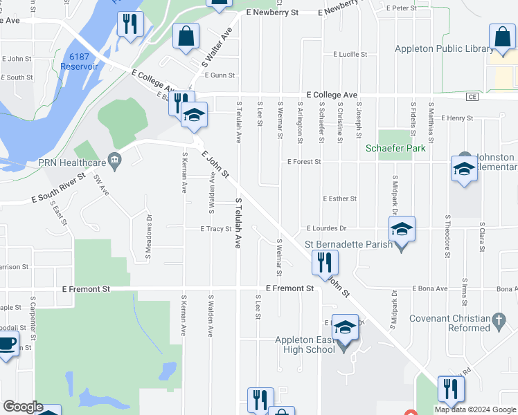map of restaurants, bars, coffee shops, grocery stores, and more near East John Street in Appleton