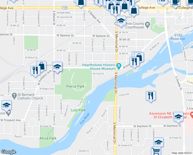 map of restaurants, bars, coffee shops, grocery stores, and more near 3 Pierce Court in Appleton