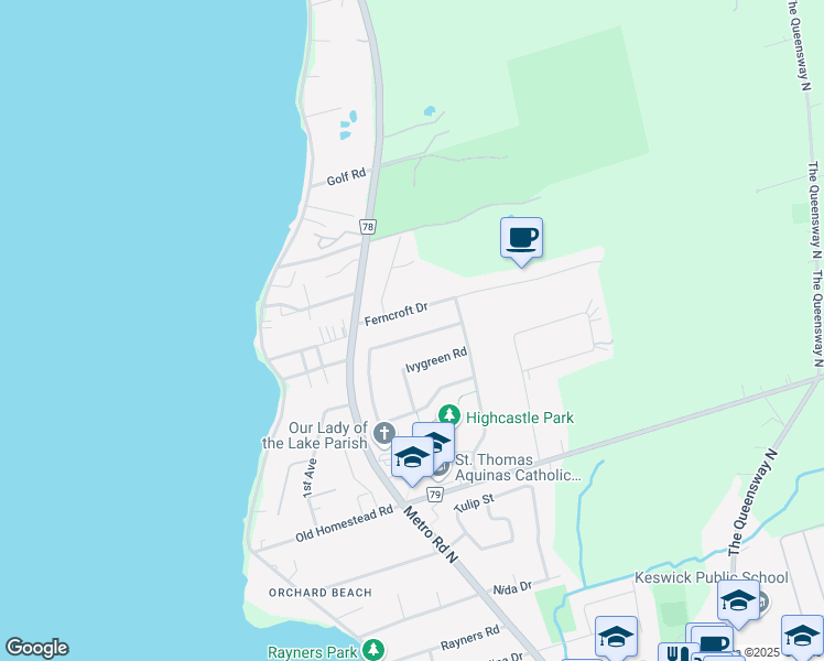 map of restaurants, bars, coffee shops, grocery stores, and more near 20 Kerfoot Crescent in Georgina