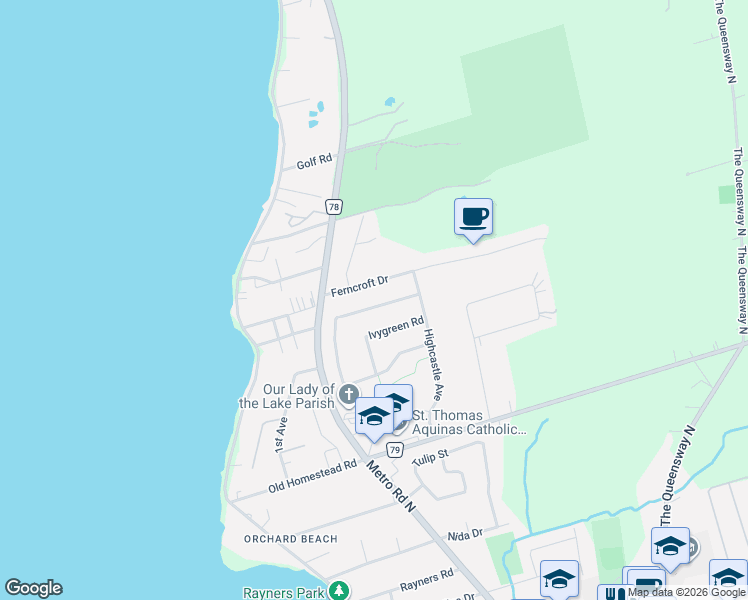 map of restaurants, bars, coffee shops, grocery stores, and more near 23 Kerfoot Crescent in Georgina
