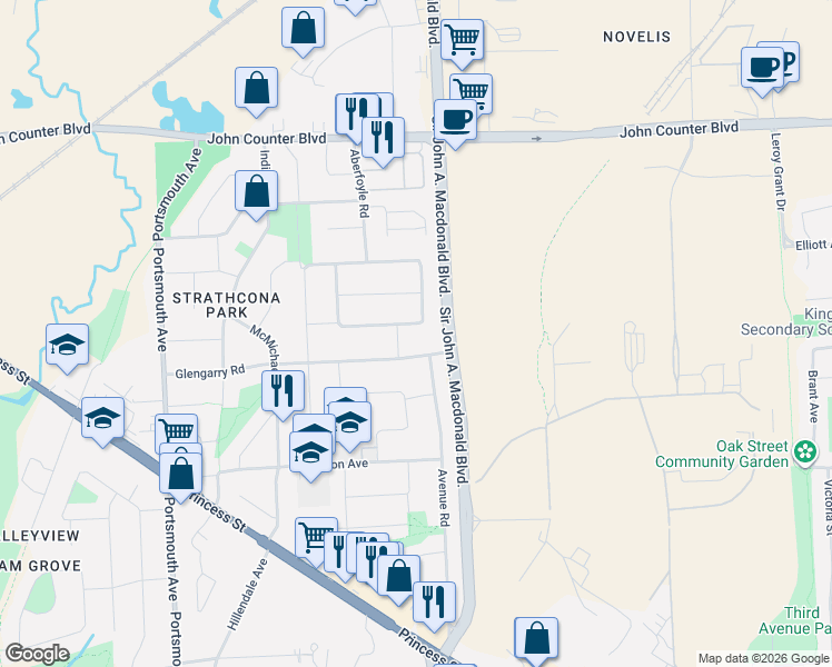map of restaurants, bars, coffee shops, grocery stores, and more near 168 Inverness Crescent in Kingston
