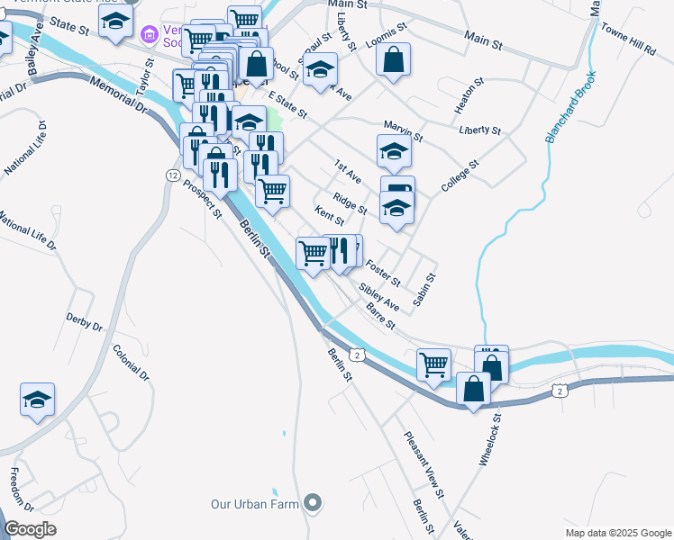 map of restaurants, bars, coffee shops, grocery stores, and more near 193 Barre Street in Montpelier