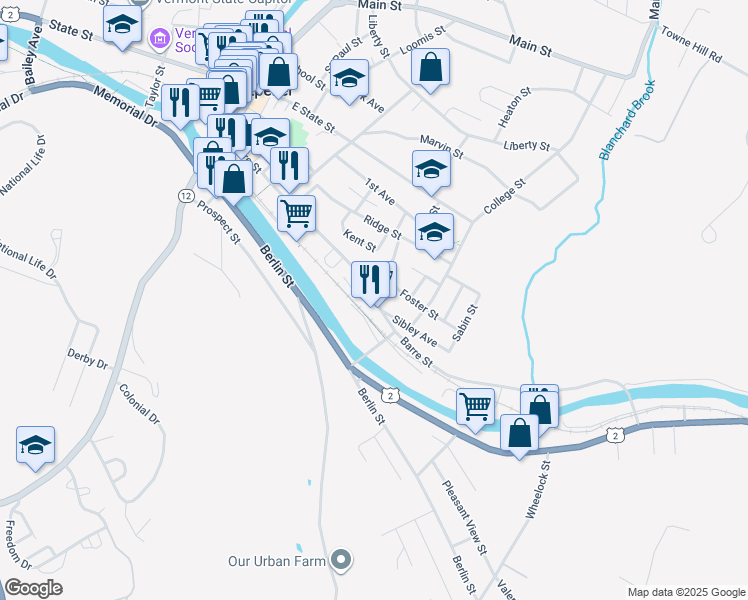 map of restaurants, bars, coffee shops, grocery stores, and more near 215 Barre Street in Montpelier