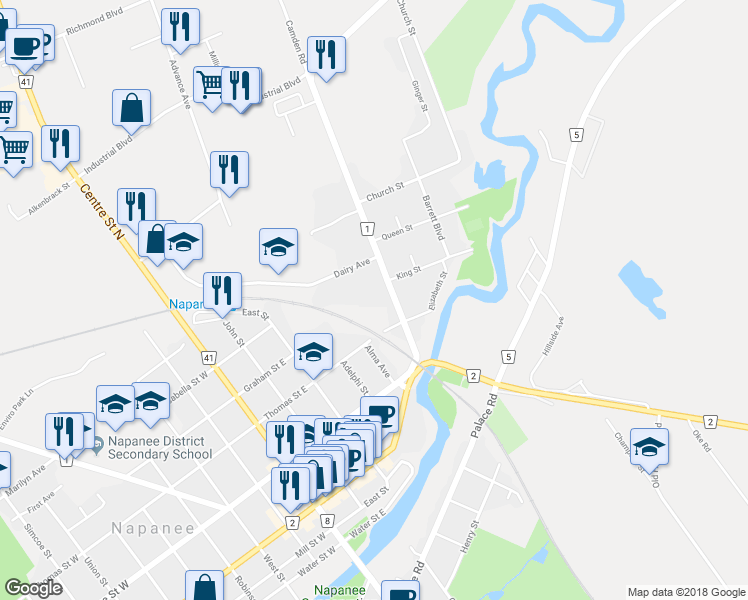 map of restaurants, bars, coffee shops, grocery stores, and more near 212 Camden Road in Napanee