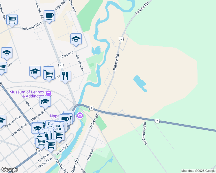 map of restaurants, bars, coffee shops, grocery stores, and more near 366 Palace Road in Napanee